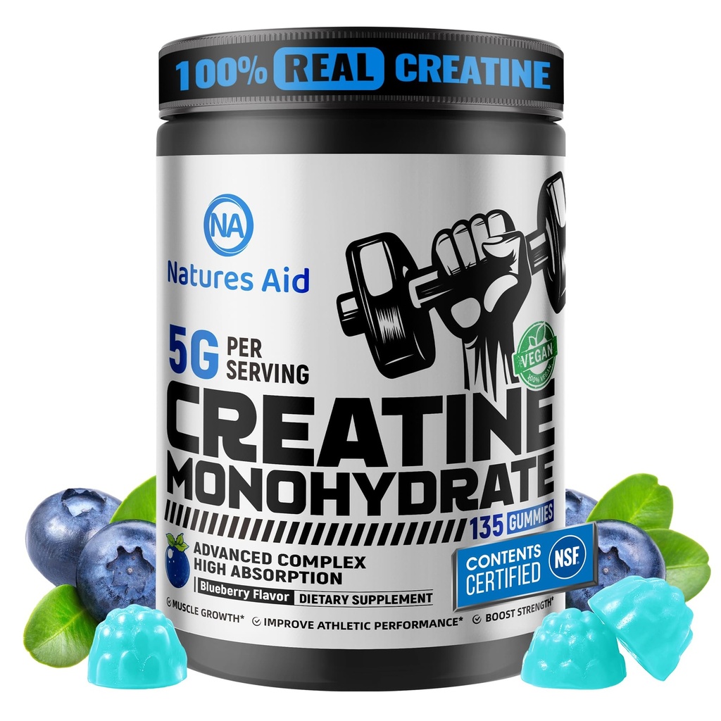 Natures Aid NSF מוסמך Creatine Gummy 5g - Creatine Monohydratemies - Pre-Workout Energy & שריר תמיכה עבור גברים ונשים | Blueberry אלקטרוליטה חניכיים (135 הרוזן)