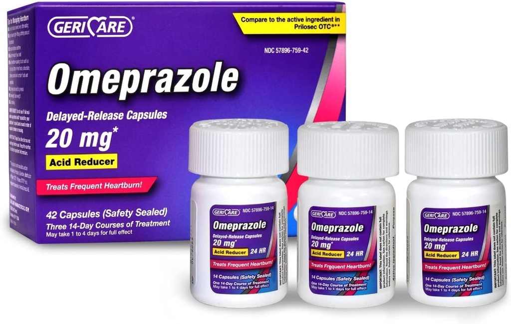 GeriCare Omeprazole נדחה קפסולות 20.6 מ"ג - Acid hydror Pills עבור 24 Hour Heartburn הקלה - Acid Reflux Medicine to Treat Frequent Heartburn (4 Count)