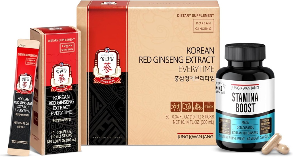 JUNG KWAN JANG קוריאה Red Panax גיינסנג אנרגיה בונדלה - לחלץ כל פעם 3000 מקלות (30 Count) & Men's Stamina Boost for Daily Vitality (60 קפסולות)