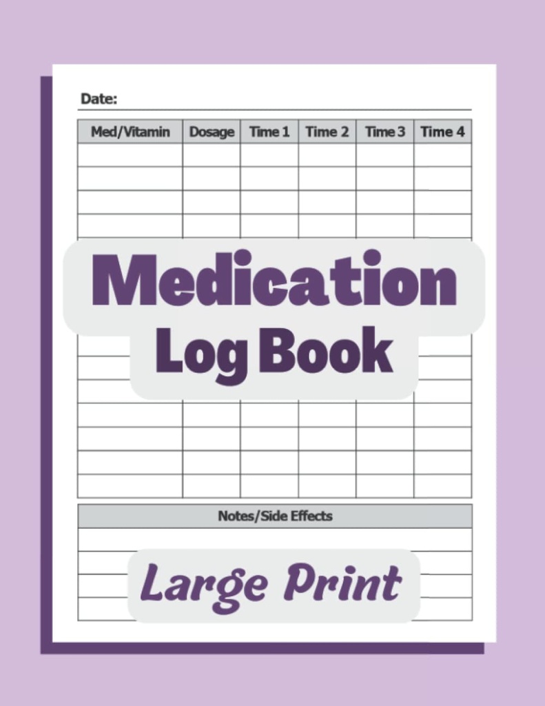 ספר התרופות: פשוט Logbook כדי להקליט תרופות, ויטמינים ו / או תוספים מדי יום. ליצור מספר רב של דוס ותופעות לוואי. 8.5x11 גלולות Tracker, וכל ימי הביניים או האחיות / Caregivers. סגול.