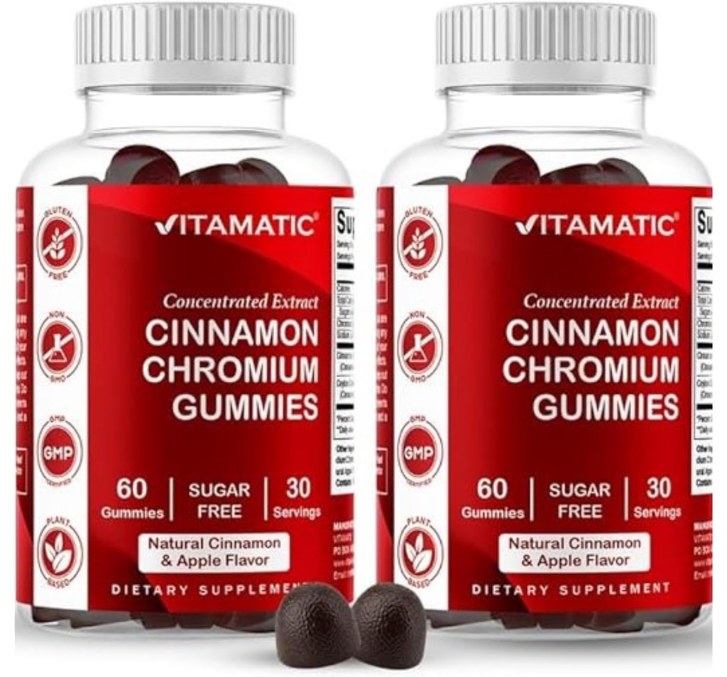Vitamatic Sugar-Free Chromium Gummies עם Ceylon Cinnamon - 2000 מ"ג Equivalent Per משרת (מפלט 83 מ"ג) - Non-GMO, Gluten-Free - 60 מסטיקים טבעוניים - 2 Pack