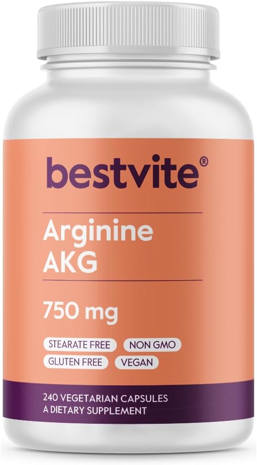BestVITE Arginine AKG 750 מ"ג (240 קפסולות צמחוניות) - No Stearates - טבעוני - Non GMO - Gluten Free