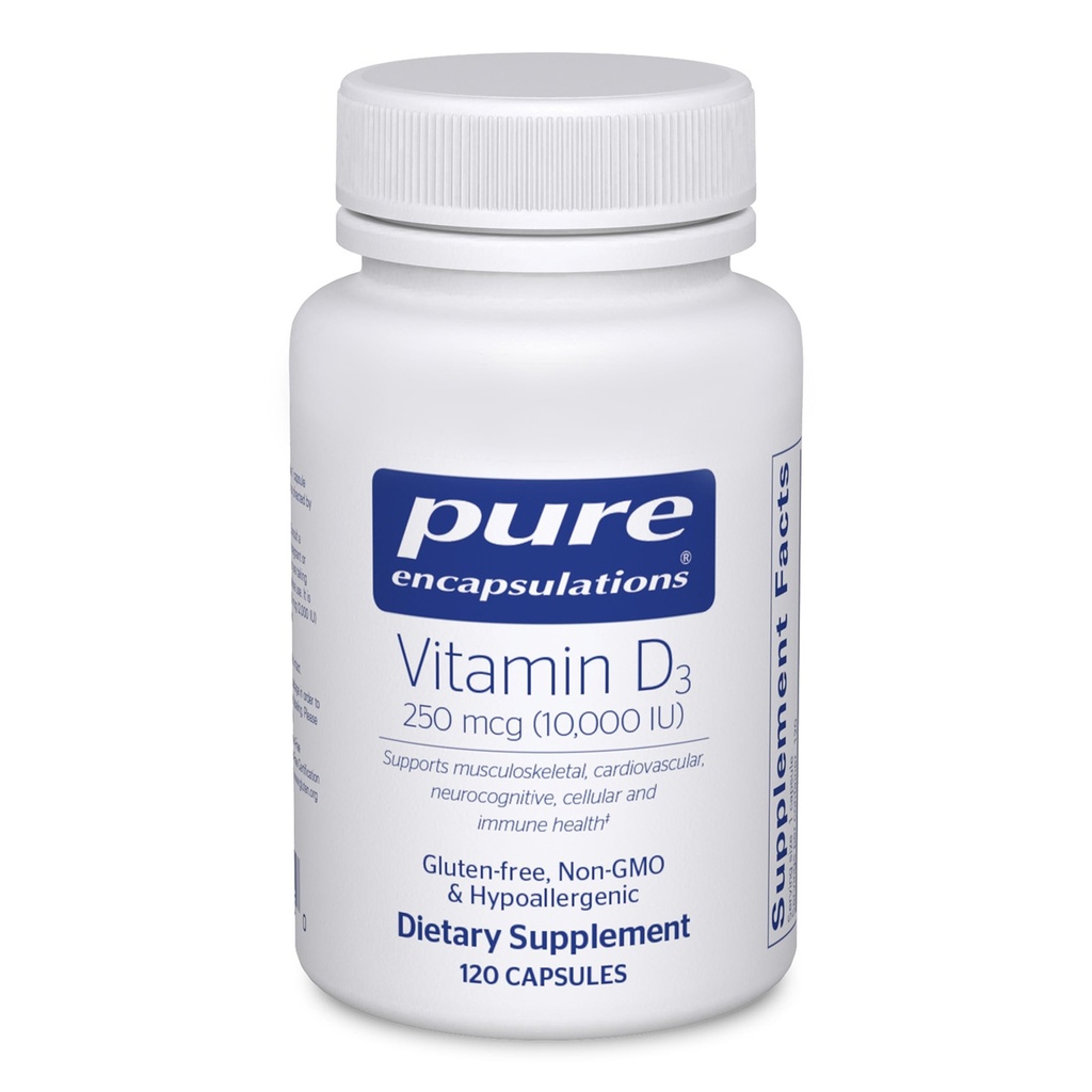 Pure Encapsulations ויטמין D3 250 mcg (10,000 IU) - תוספת לתמיכה העצם, משותף, חזה, לב, קולון & Immune בריאות - עם Premium ויטמין D - 120 קפסולות