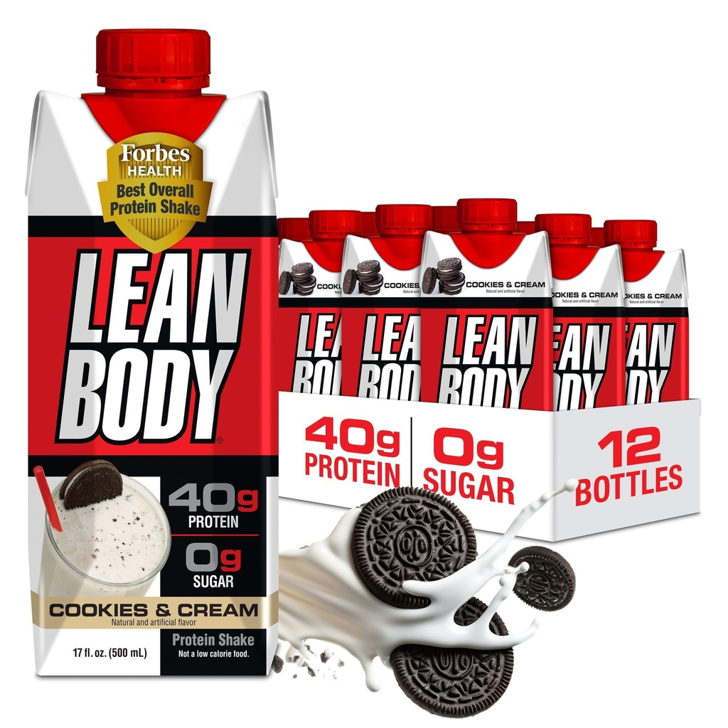 Lean Body Ready-to-Drink עוגיות וחלבון קרם שייק, 40g חלבון, Whey Bell, 0 Sugar, Gluten No, 22s & מינרלים, (Recyclable Carton & Lid - Pack of 12) LABRADA, 17 Fl Oz (Pack of 12)