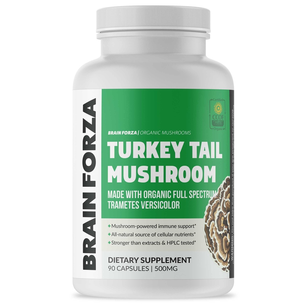 Brain Forza אורגני טורקיה Tail Mushroom קפסולות, Mushroom אבקת תמיכה Immune, Liver ו- Digest תמיכה בריאות, תמיכה אורגנית הגנה, Non-GMO, טבעוני, אורגני, 90 קפסולות
