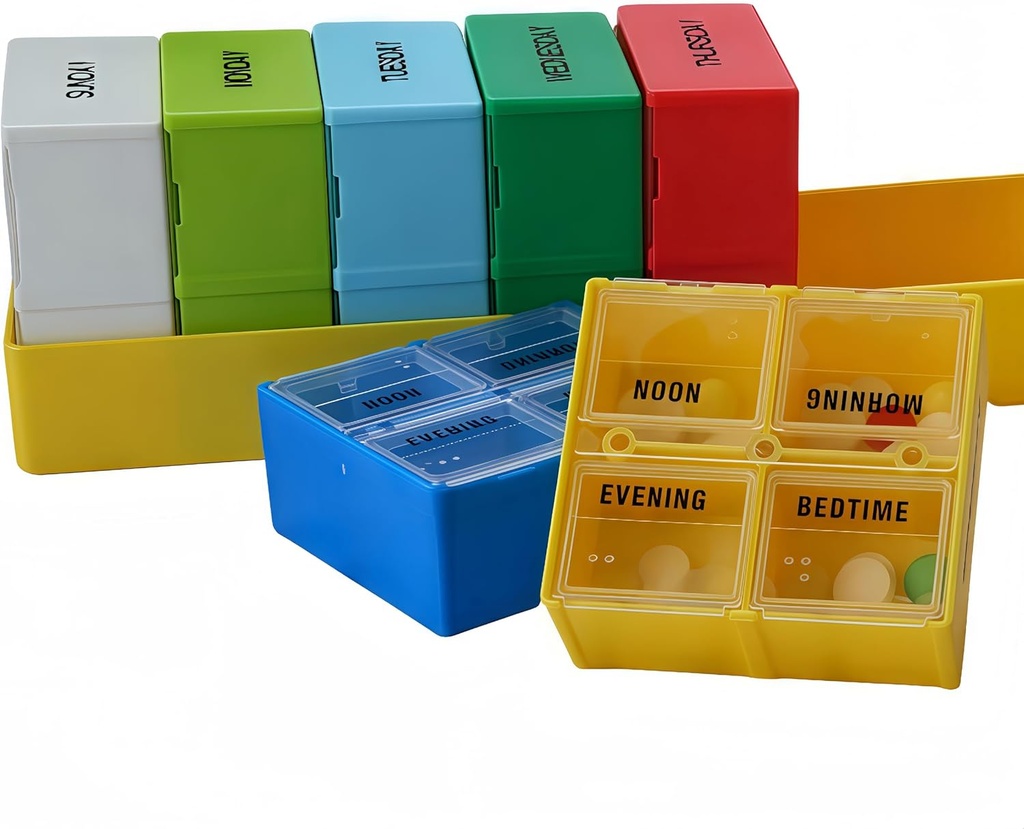 Big Weekly Pill Case, 7-Day Pill Case Comparetments, PillPSKer 4 Times Daily, 4A-Day Pill Container, Secure Compartments, 7.8 x2.3 x2.3 בצהוב