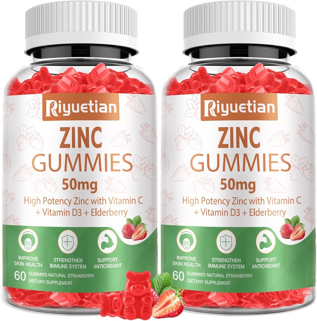 Zinc Gummies 50 מ"ג - ויטמין C, D3 & Elderberry, Echinacea, Zinc Immune Health Gummies, non-GMO, תוספי אנטי-חמצן טבעיים לגברים ונשים, טבעוני 2 Pack