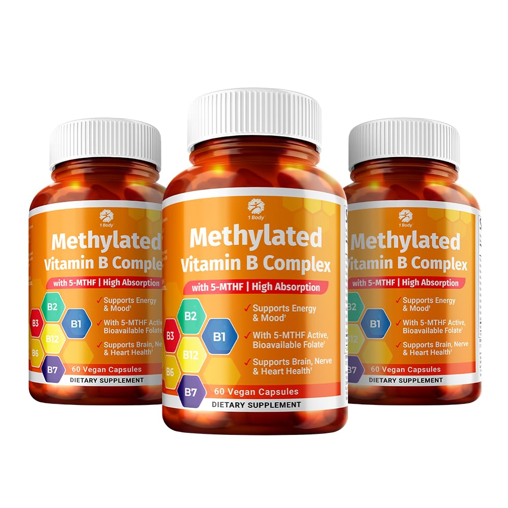 ויטמין B מורכב 3 Pack - ויטמין B זמינות עם 5-MTHF Folate, B1, B2, B5, B6, Methyl B12, Niacin & Biotin - Non-GMO, טבעוני, מיוצר בארה"ב