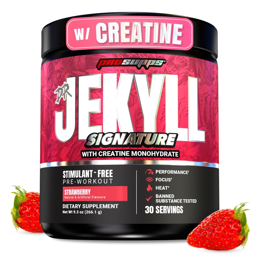 ProSupps ד"ר ג'קיל חתימה טרום עבודה אבקה עם Creatine - Stim-Free Preworkout Supports Focus & Endurance - Caffeine-Free Gym & Fitnesss (Strawberry, 30 משרתים)