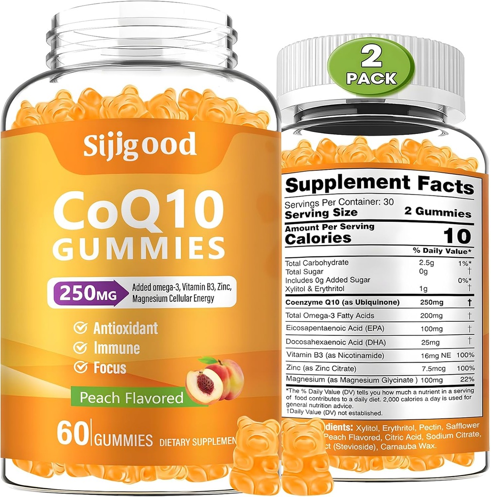 2 Pack CoQ10 Gummies, Plus אומגה 3, ויטמין B3 ו- Zinc, Magnesium, 5X High Absorption Coenzyme Q10 תוספים, Q10 עבור Boost Energy, antioxidant & Brain, Peach Flavor, 120 Ctsssssor