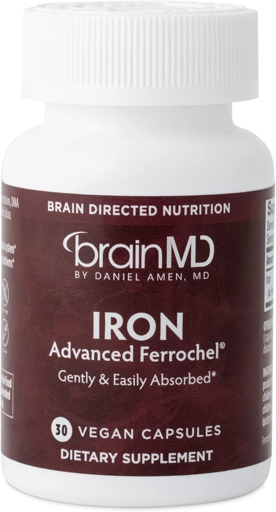 BRAINMD Dr Amen Iron - 30 קפסולות - תמיכה בייצור אנרגיה, פונקציונליות קוגניטיבית וג'ין - Gentle & Easily Absorbed - Gluten Free - 30 משרתות