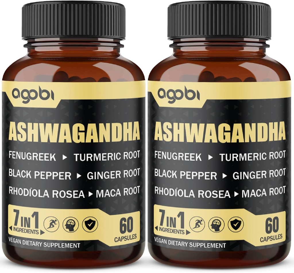 2 Packs 60 קפסולות - 8050mg Ashwagandha לחלץ תוסף - 7in1 עם Fenugreek, Maca, Turmeric, Rhodiola, ג'ינג'ר & Black Pepper - רוח, Immune & Energy Support - 4 חודשים אספקת חשמל.