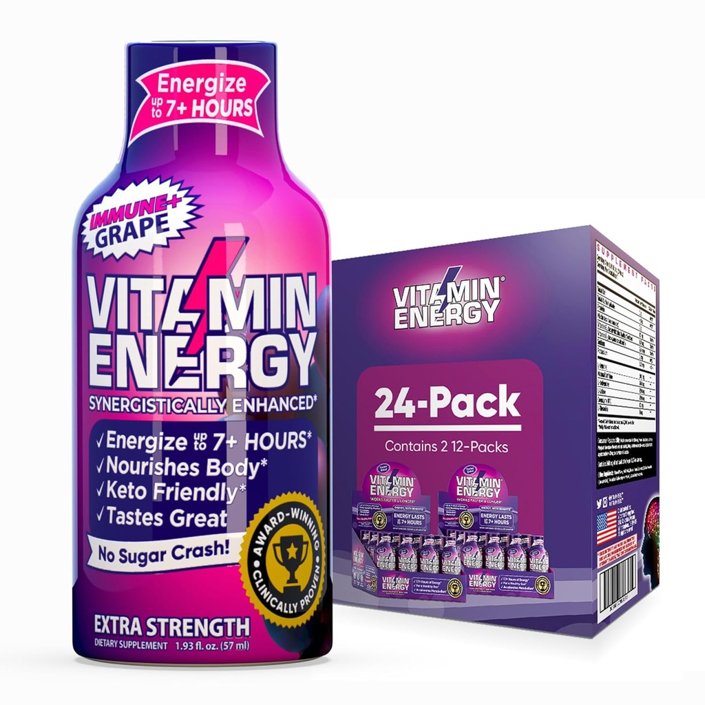 ויטמין אנרגיה Immune + תוספת כוח אנרגיה לירות Grape 24 Pack, 260 מ"ג טבעי Caffeine, B-Vitamins, Citicoline, תה ירוק, Immunity & Focus תמיכה, Zero Sugar, Gluten-Free 1.83 floz