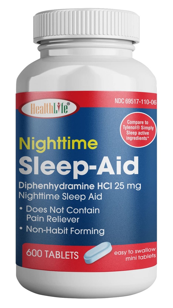 HealthPharma Nighttime Sleep-Aid, Diphenhydramine HCL Caplets, 25 מ"ג (כחול), 600 Count