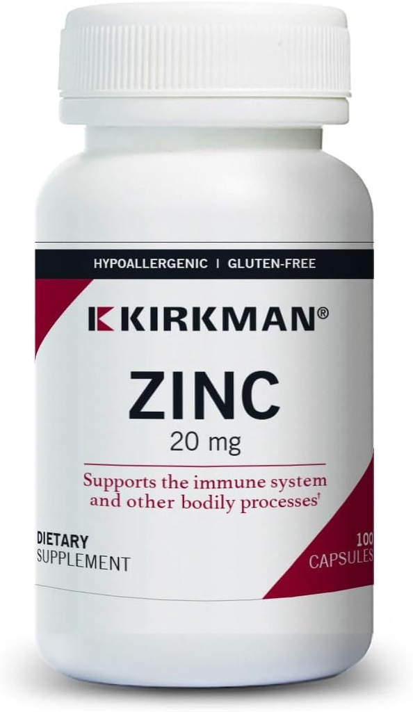 קירקמן - Zinc 20 מ"ג - 100 קפסולות - תמיכה כספית - High Absorption - Hypoallergenic