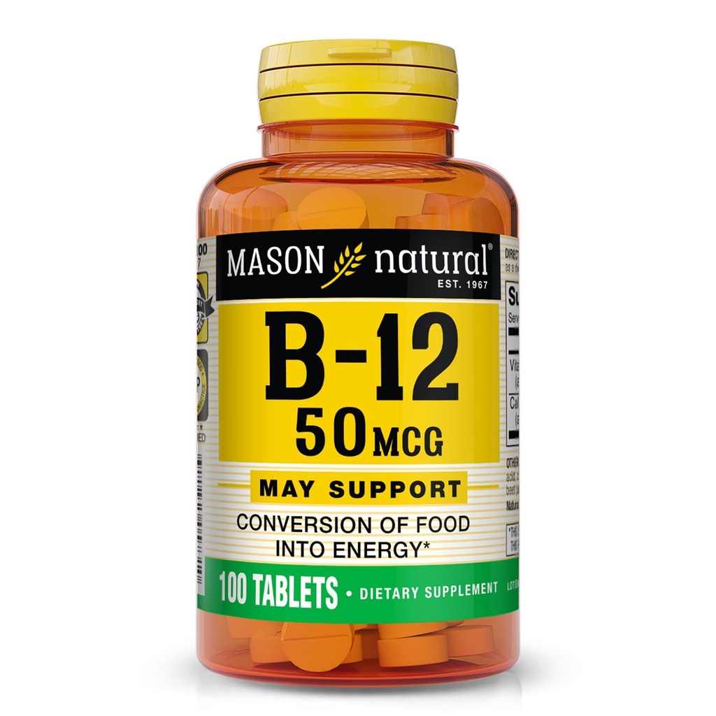 MASON NATURAL ויטמין B12 50 mcg עם Calcium, 100 ימים אספקה, תוספת תזונתית לתמיכה רמות אנרגיה טבעיות, 100 טבליות (Pack of 1)