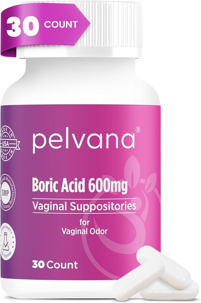Pelvana Boric Acid Suppositories for Women 30 Count - עבור Vaginal Odor & Freshness, Feminine Hygiene & Wellness - מחלקת צד שלישי מאומת ובקד בארצות הברית - פתרון בריאות Feminine Odor