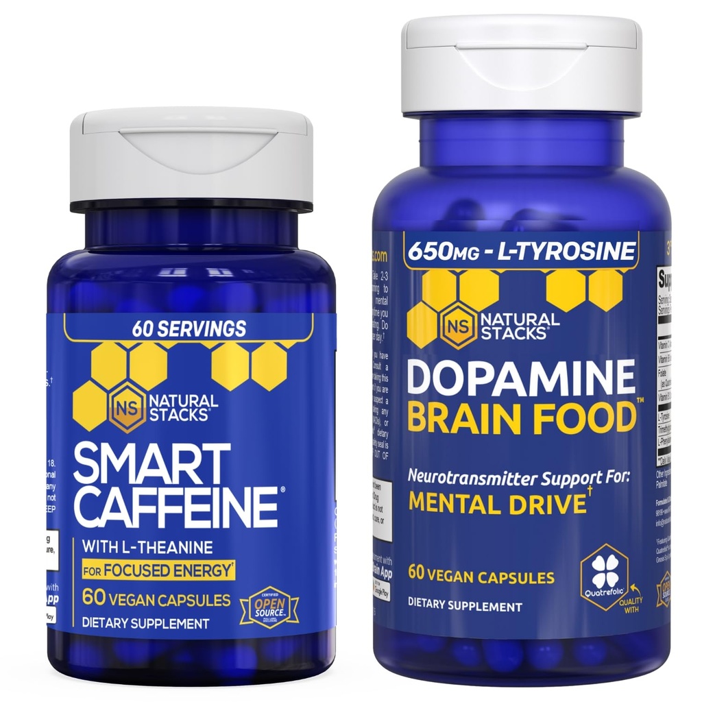 NATURAL STACKS Smart Caffeine + Dopamine Brain Food Bundle - תומך באנרגיה, פוקוס ומנטאלית Drive* - 120 קפסולות מוחלטות