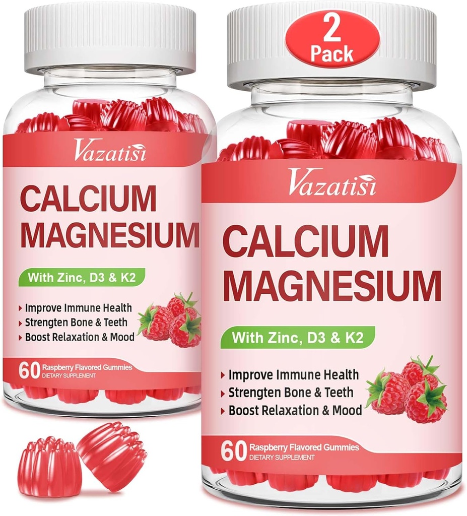 Calcium Magnesium Zinc Gummies עם ויטמין D3 & K2, High Absorption Magnesium Glycinate Potassium עבור Immune ו Calm Mood, Raspberry Flavor 120 חניכיים