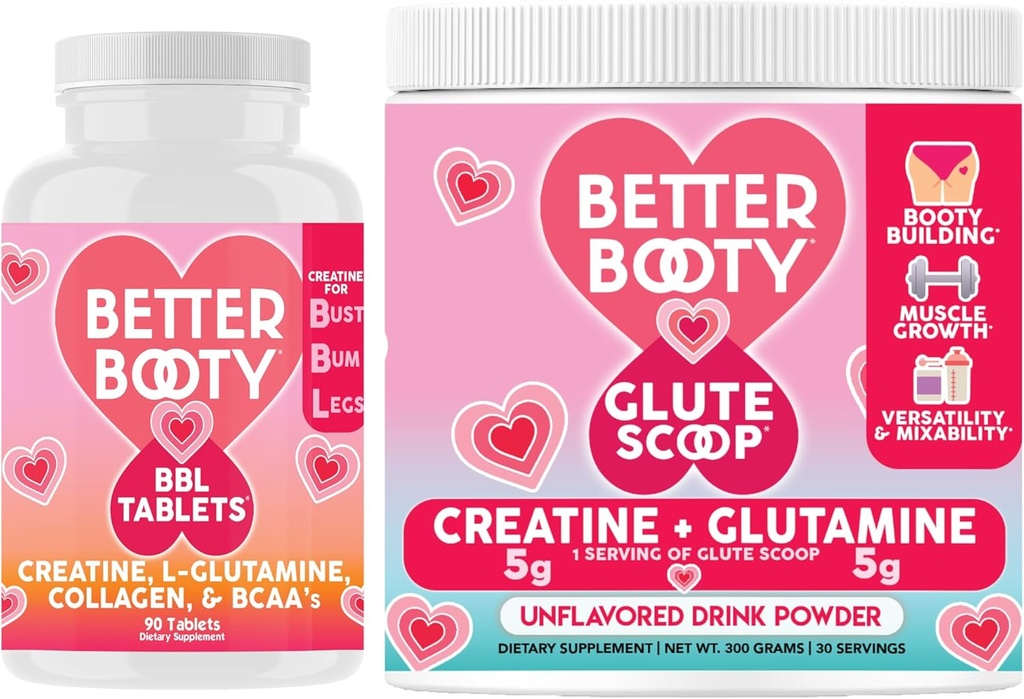 תוספי Angrys Better Booty Women's Creatine Combo: BBL Tablet (90ct) w. Creatine, Glutamine, BCAA's, Collagen + Glute Scoop Creatine & Glutamine Unflavored Drink Mix.