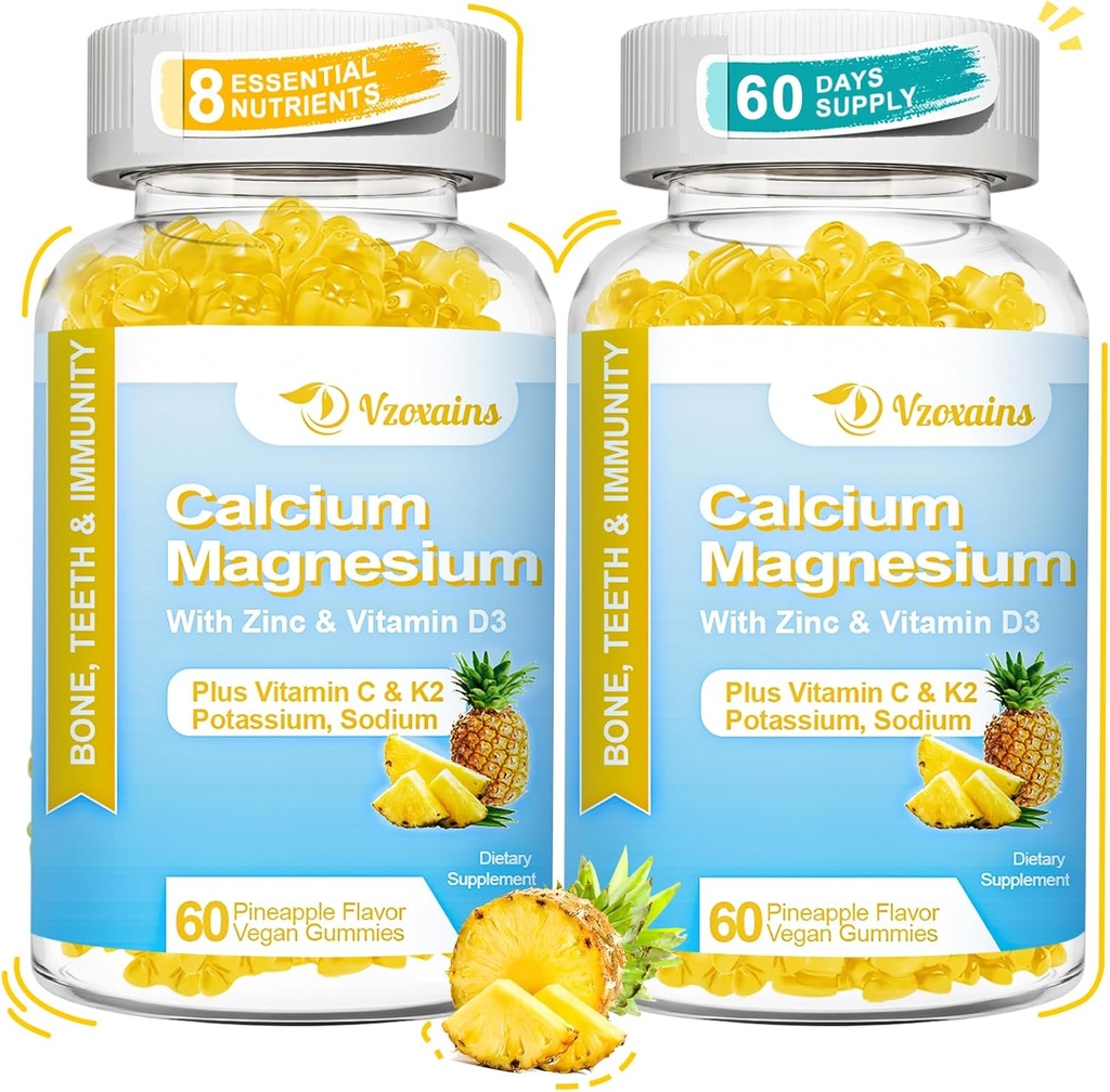 פחמימות גבוהות Calcium Gummies, Sugar Free Calcium Magnesium Magnesiummies עם ויטמין D3 עבור גברים ונשים, Pineapple Flavor 120 Cts