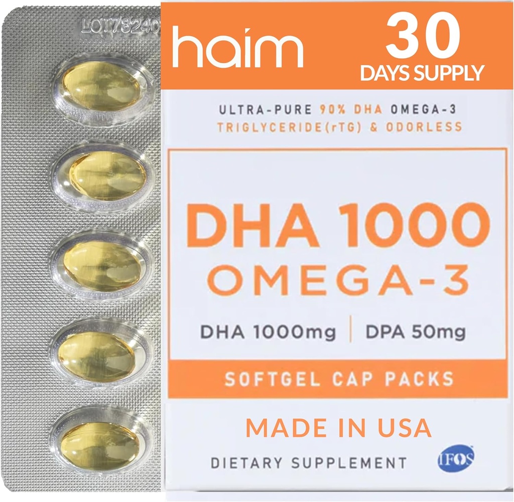 HAIM DHA 1000 אומגה 3 שמן דגים - 90% Purity עם 1000 מ"ג DHA, 50 מ"ג DPA - שמן דגים עתירי גבוה עבור המוח, עין & לב תמיכה - מקדם את סך הכל בריאות להתמקד - 1 Box, 60 Softgels