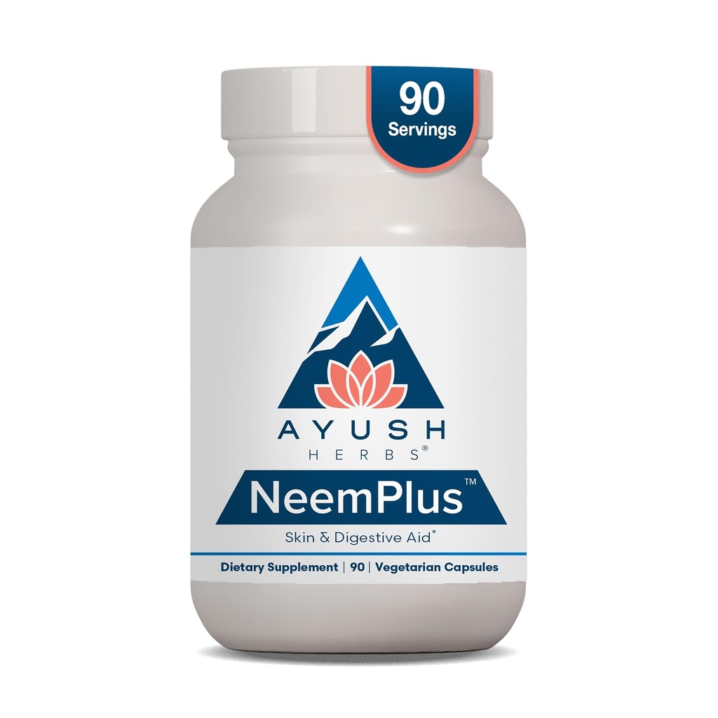 Ayush Herbs Neem Plus - בריאות מזיקה לנשים וגברים, תוספי התמיכה ב-Stomach & Skin Health, Immune Support - 90 קפסולות צמחוניות (1 Count)