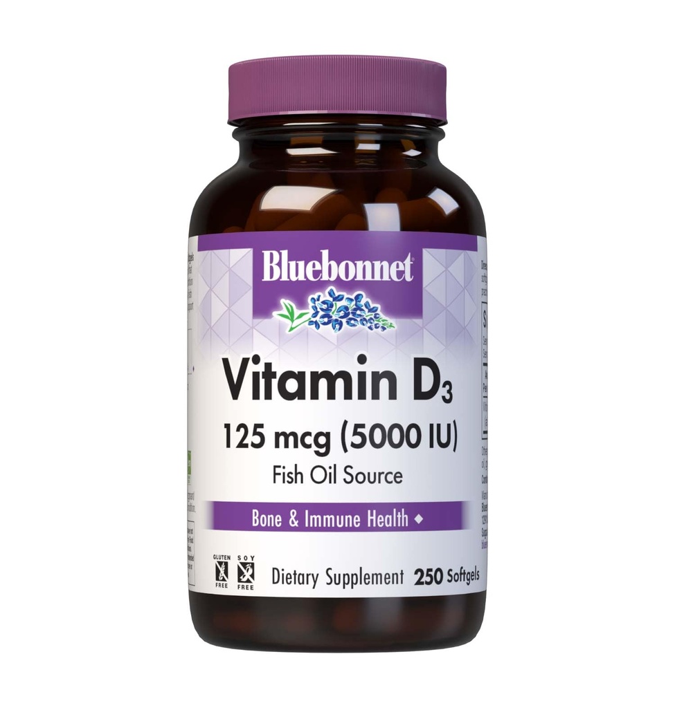 Bluebonnet Nutrition ויטמין D3 5000 IU Softgels, איידס בשרירים וצמיחה סקאלטל, Cholecalciferol שמן דגים, non GMO, Gluten Free, Soy Free, חלב, צהוב, 250 Softgels