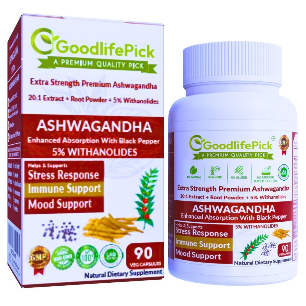 Premium Ashwagandha קפסולות עם Black Pepper. Powerful 5% Wthanolides מאבקת אשוגנדה ו-20:1 לחלץ 90 ct. Natural NonGMO no Rice