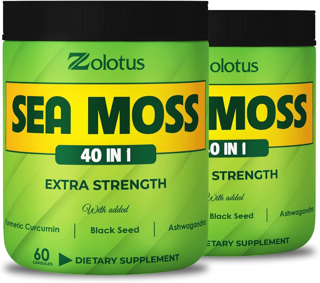 Zolotus (2 Packs 60 קפסולות Sea Moss תוסף 40 ב 1, עם כורכום Turmeric, Ashwagandha Root, Bladderwrack for Immune System, Body Balance & Heart Health