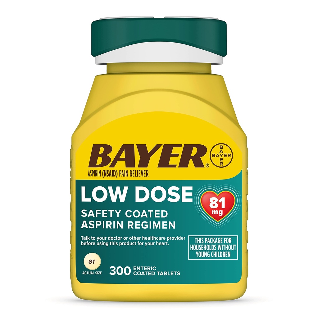 Bayer Aspirin Low Dose 81 מ"ג, טבליות Enteric Coated, Doctor המומלצת, Secondary Prevention of Cardiovascular Disease, 300 Safety Coated Tablets
