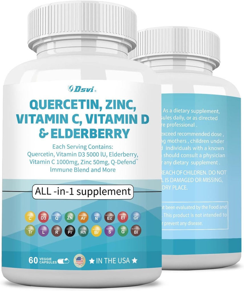 Quercetin 1000 מ"ג Zinc 50 מ"ג ויטמין C 1000 מ"ג ויטמין D 5000IU Immune System תומך תוספת עם Echinacea ג'ינג'ר Bromelain Sea Mos Garlic Nettle טבעוני קפסולות עבור גברים ונשים,60 ארה"ב