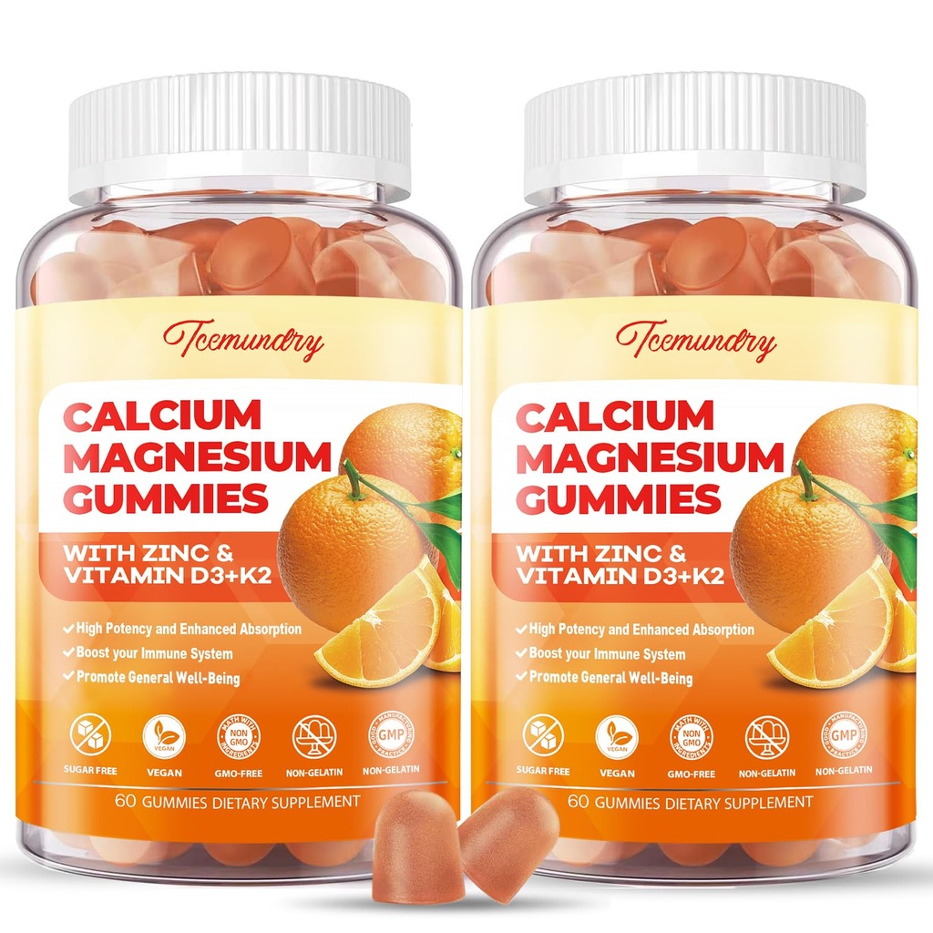 Calcium Magnesium Zinc Gummies עם ויטמין D3 & K2 - High Absorption Magnesium Glycinate 400 מ"ג - סוכר חינם Calcium תוסף - תמיכה בשרירים עצביים עצביים Mood & Immunity - עבור מבוגרים גברים נשים ילדים