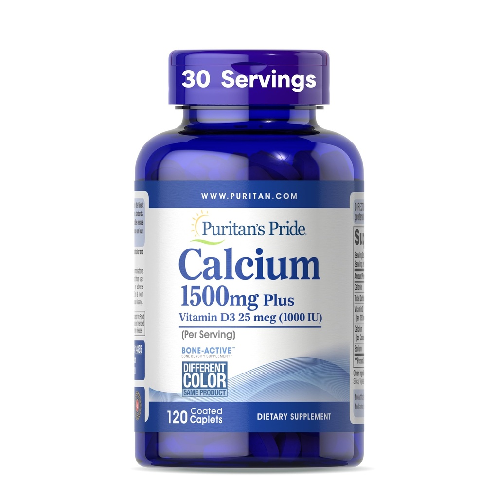 גאווה של Puritan's Pride Absorbable Calcium 1500 מ"ג פלוס ויטמין D3 25mcg 1000 IU, תוספת תזונתית עבור כוח העצם, לב, עצב, שרירים, ותמיכה Immune, 120 קפסולות coated Caplets