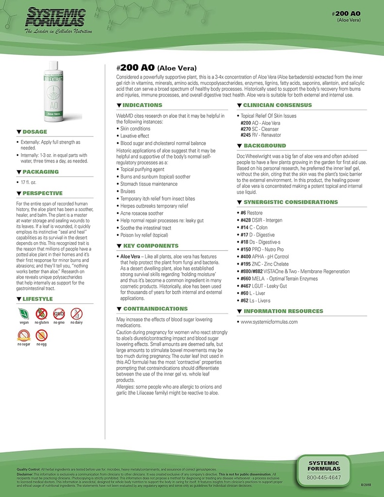 פורמולות מערכתיות Aloe Vera #200-16 oz Premium כיתה לבריאות העיכול ואיכות חיים - Pure Aloe Vera לחלץ