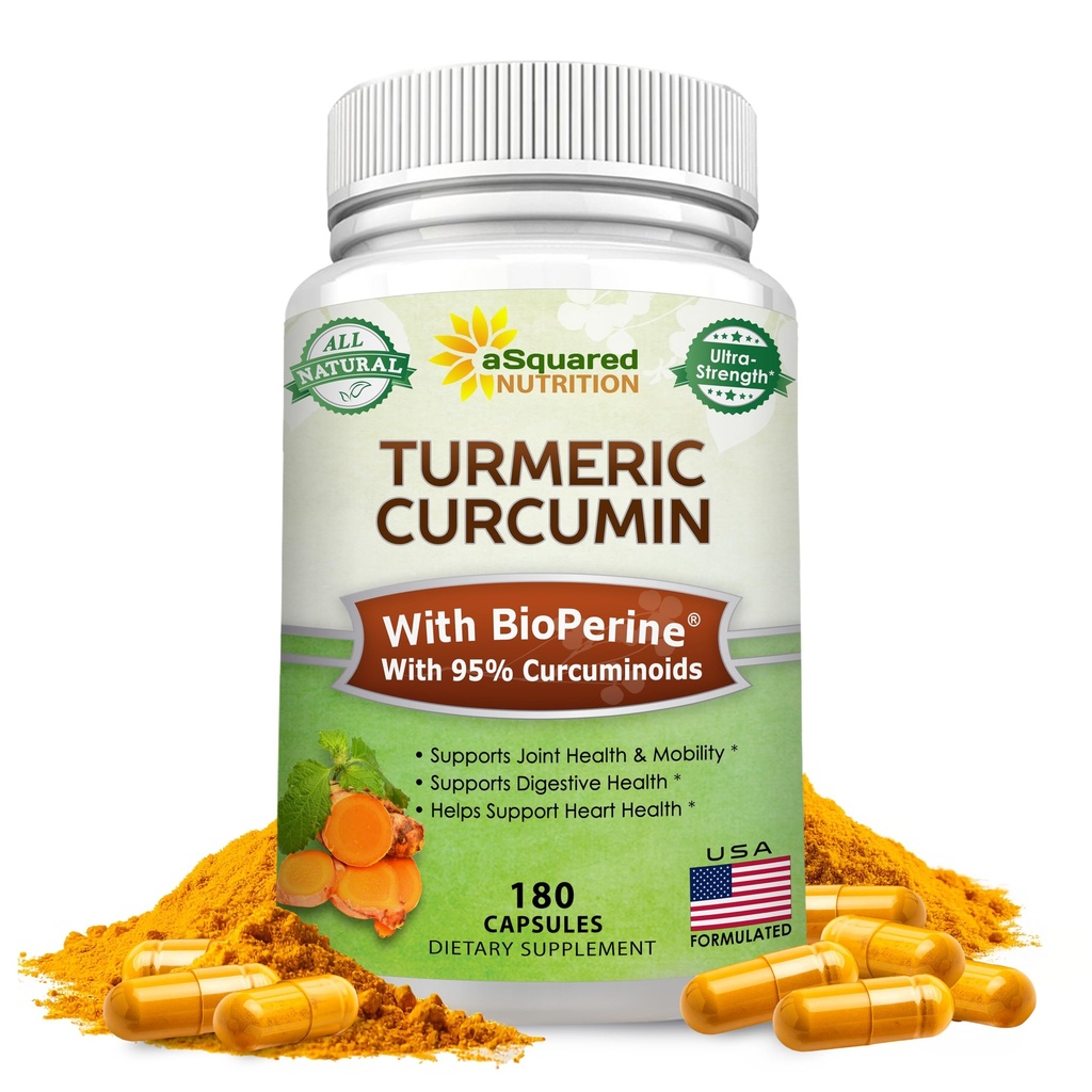 ASquared Nutrition Turmeric Curcumin 1300 מ"ג עם bioPerine Black Pepper לחלץ - 180 קפסולות - עם 95% Curcuminoids, 100% טבעי אבקת שורש טומריק טבעי תוספי מזון, Pure & Joint Stiffness Pills