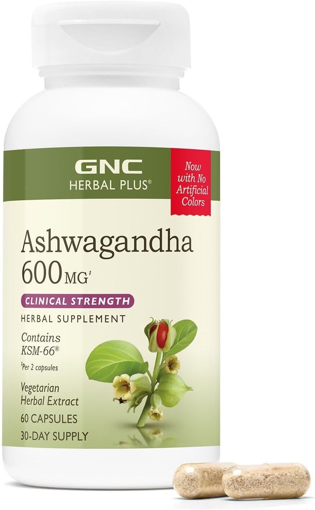 GNC Herbal Plus Ashwagandha 600 מ"ג, כוח קליני, תמיכה צמחונית, לחץ הקלה, 30 משרתים
