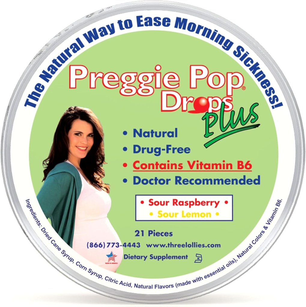Preggie פופ טיפות פלוס | 21 טיפות | ויטמין B6 עבור מחלת בוקר ו Nausea הקלה במהלך ההריון | בטוח עבור בהריון אמא & התינוק | גלוט חינם | 2 פלפורים: לימון & פטל