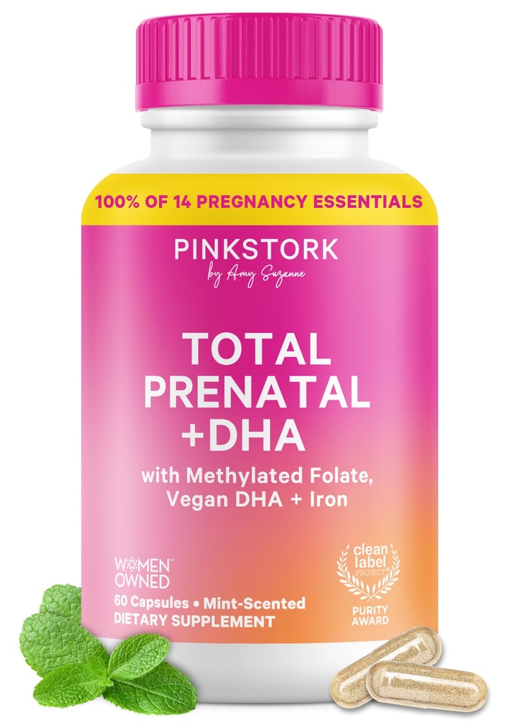 Pink Stork Total Prenatal ויטמינים עם DHA, Folate, Iron, Choline ו- ויטמין B12 - תזונה מוקדמת - טרום לידות לנשים, הריון Essentials - Mint Essence, 60 קפסולות, 1 חודש אספקה