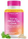 Pink Stork Total Prenatal ויטמינים עם DHA, Folate, Iron, Choline ו- ויטמין B12 - תזונה מוקדמת - טרום לידות לנשים, הריון Essentials - Mint Essence, 60 קפסולות, 1 חודש אספקה