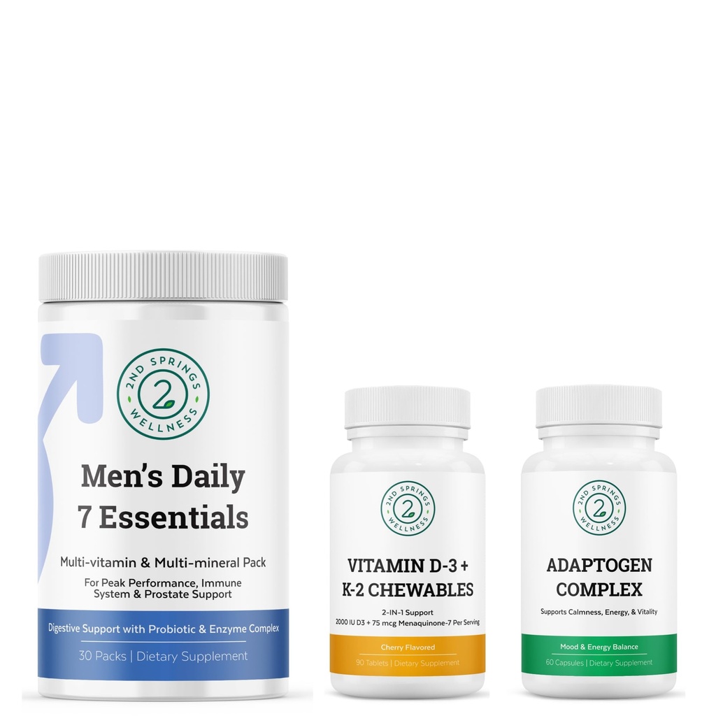 Men's Daily 7 Essentials, Fitogen Complex & ויטמין D3 + K2 Chewables Bundle