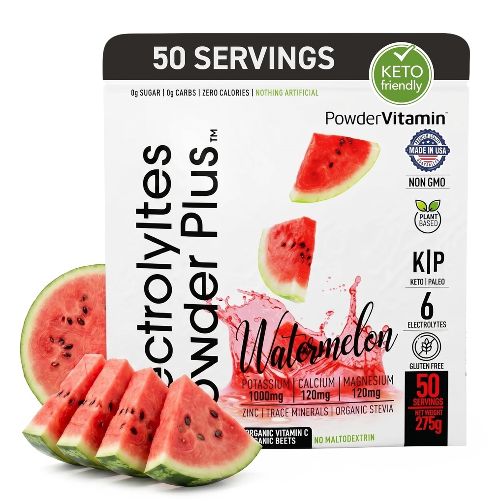 אבקת אלקטרוליטים פלוס (50 משרתים), 0 Calorie Keto, 0 סוכר, No Maltodextrin, 1000mg Potassium, 120 מ"ג Calcium, 120 מ"ג מגנזיום, אבקת הידרה (50 משרתים, Watermelon)