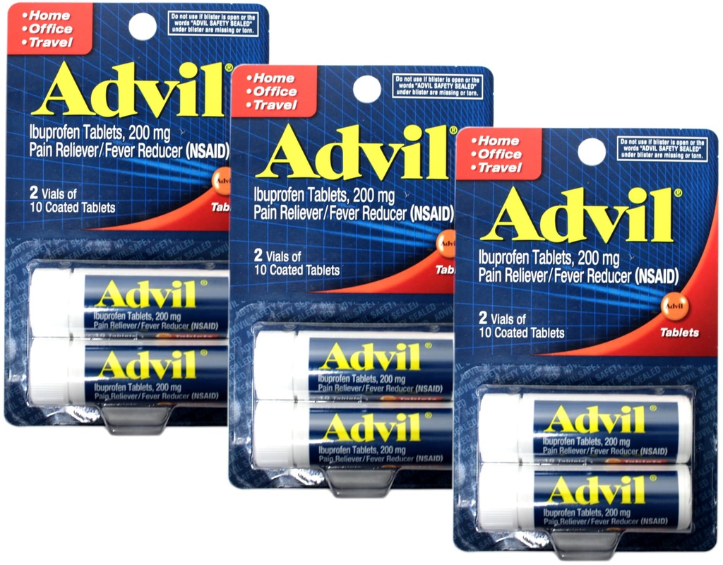 Advil Ibuprofen Tablet 200 מ"ג, 2 Vials, 10 טבליות coated כל, 20 Total (Pack של 3)
