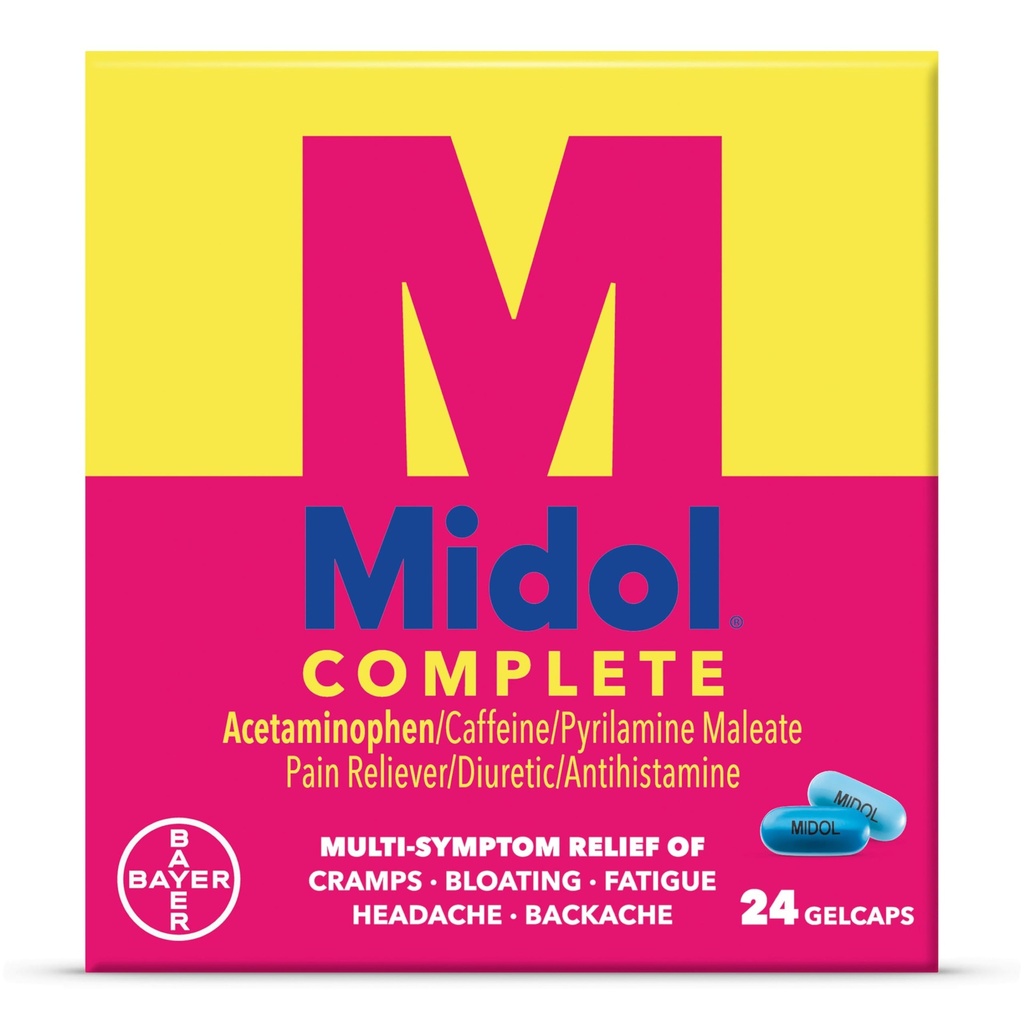 Midol Complete Gelcaps 24ct: Midol Complete Menstrual Pain Relief Gelcaps with Acetaminophen for Menstrual Symptom, PMS הקלה, ו-Time Cramp הקלה - 24 Count (Packaging May Vary)