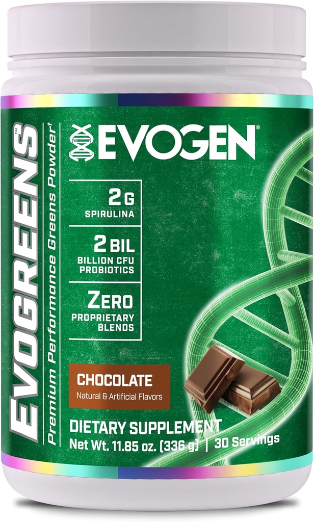 Evogen Evogreens | Premium Performance Greens Superfood, Spirulina, Pomegranate, Probiotics, Kale | 30 משרתים (Chocolate, 30 משרתים)