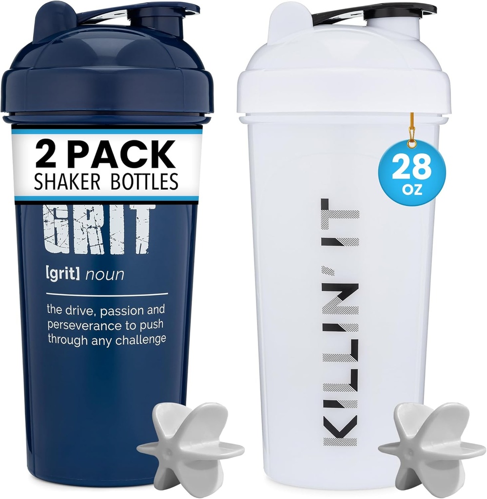 GoMOYO [2 Pack] 28oz Shaker בקבוק עם ציטוטים מוטיבציה (White Killin' It & הצי Grit) | חלבונים Mixer Agitators עבור Mixes Pack הוא BPA Free Dishwasher בטוח יותר
