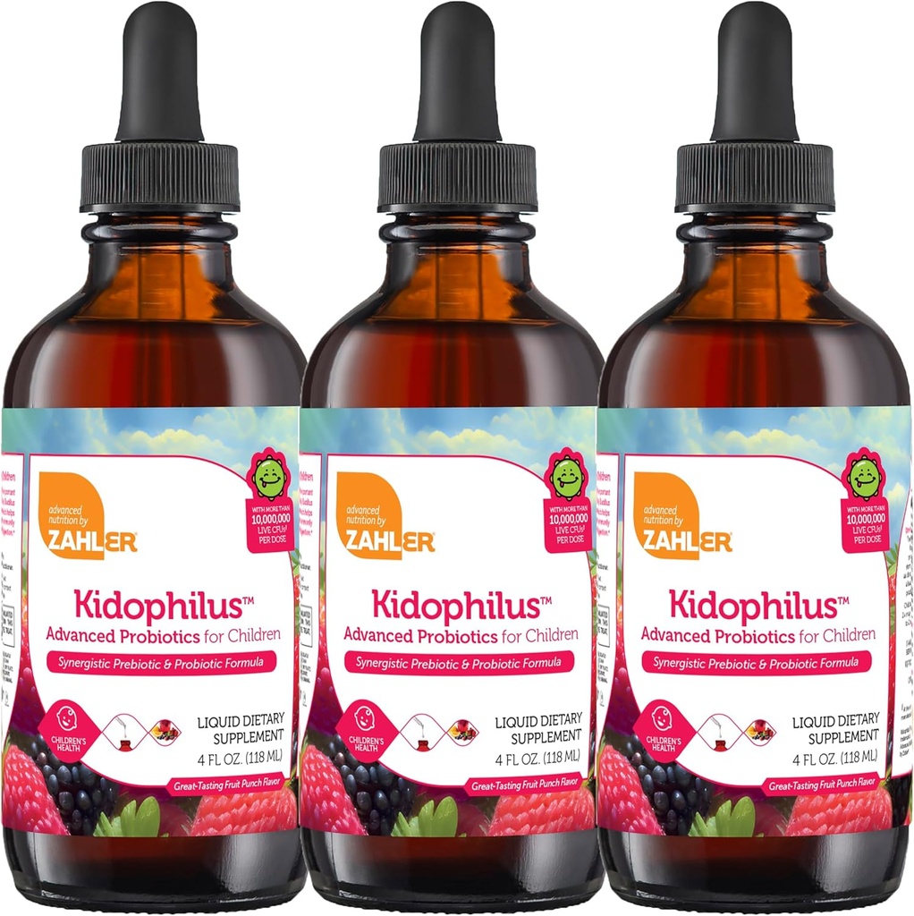 Zahler - Kidophilus נוזל טיפות פרוביוטיקה לילדים (4 Fl Oz) מוסמך כשר, עבור בריאות עיכול ותמיכה Immune - פירות Punch Flavored טיפות פרוביוטיות של ילדים (3 Pack)