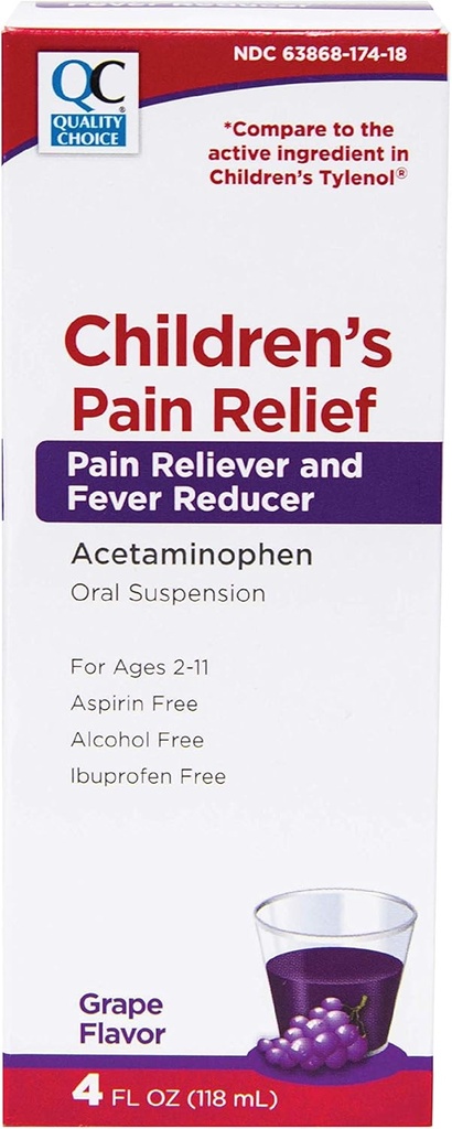 Quality Choice Children's Pain Relief & Fever Reducer for Kids, 4fl oz Acetaminophen 160mg per 5ml, Ibuprofen & Aspirin Free, Liquid Cold and Flu Medicine for Kids, Regular Strength OTC Medication