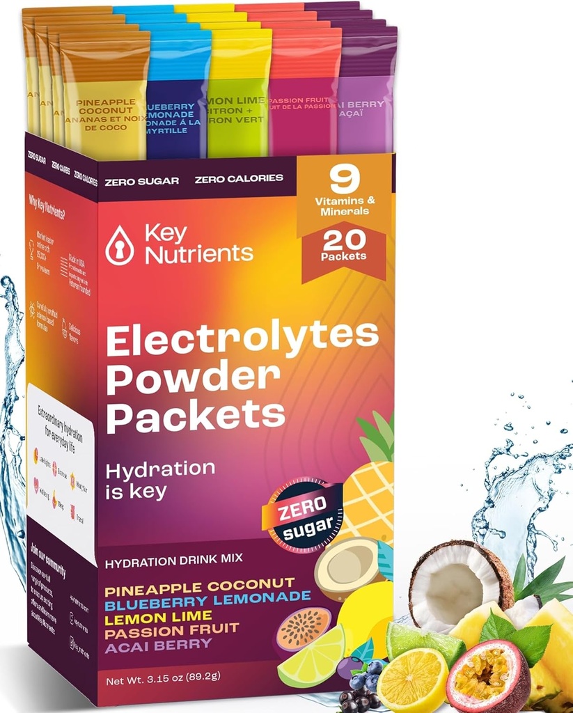 KEY NUTRIENTS אבקת Packets No Sugar - 5 Flavors in hydrotion Packets 20 Pack - No Calories, Gluten Free Electrolytes אבקת Packets, Non GMO, Made בארה"ב