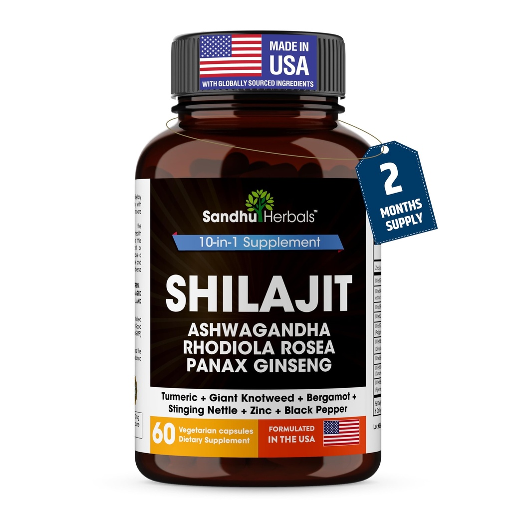 SANDHUHERBALS Shilajit קפסולות לגברים ונשים | תערובת ההימלאיה טהורה עם Ashwagandha | High Potency and Energy Supplement | 2 חודשים אספקה | For Extra Power and Stamina | Combo with Sea Mos